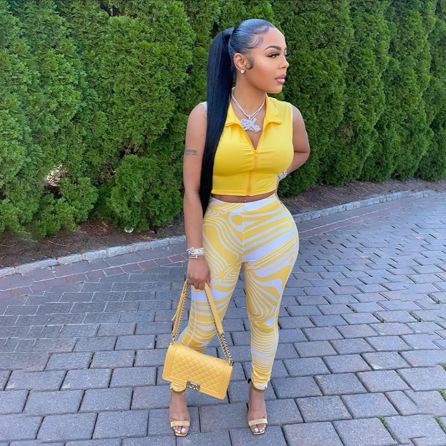

Kliou K21S07869 Sleeveless Zipper Crop Top + Legging 2 Piece Set Women Clothing
