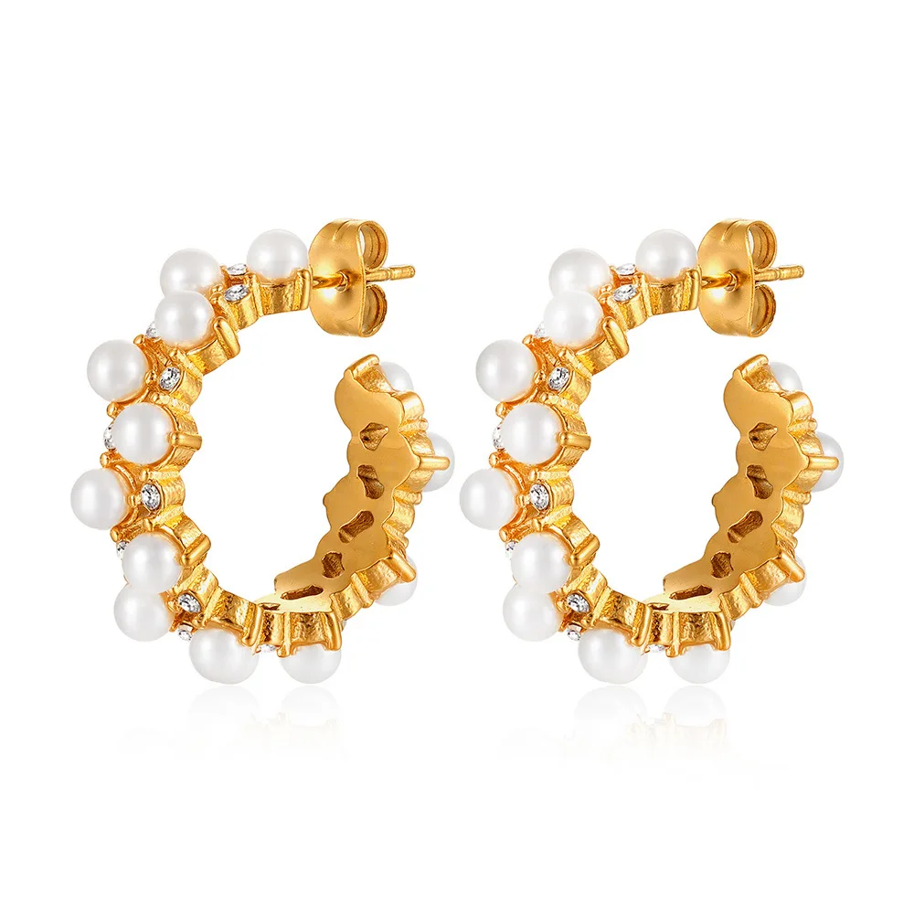 

New Fashion Jewelry Wholesaler Stud Stainless Steel 18K Gold Plated C Shaped Pearl Earrings For Women