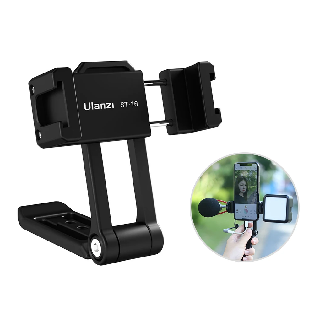 

Xueren Ulanzi ST-16 Metal Handheld Vlog Holder Clip Horizontal Vertical Phone Clamp with Dual Cold Shoe Mount, Black