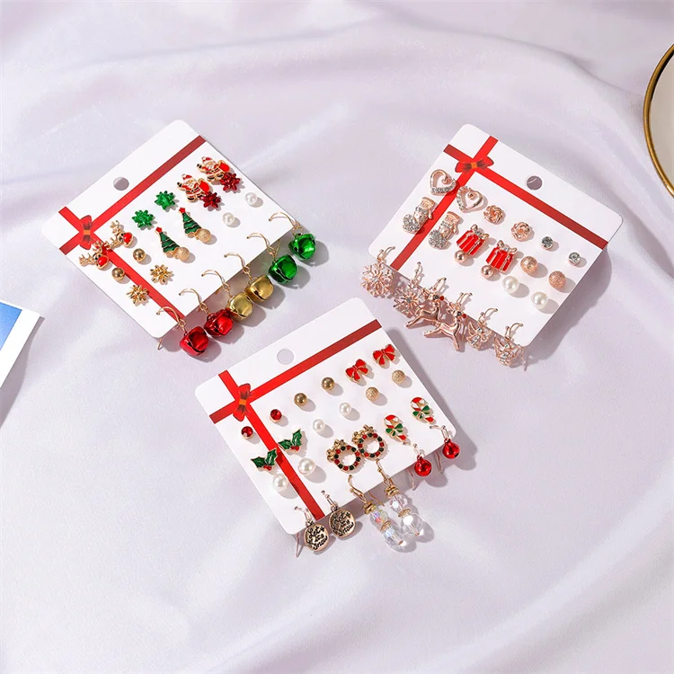 

Christmas Set Earrings Santa Claus Ring Bells Christmas Tree 12 Pieces Set Clip Earrings, Picture shows
