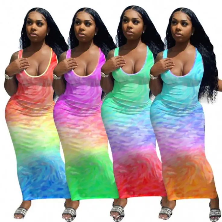 

OSINA Tie Dye Sleevelss Summer Long Dresses 2021 Women Clothing Woman Casual Dresses For Ladies robe