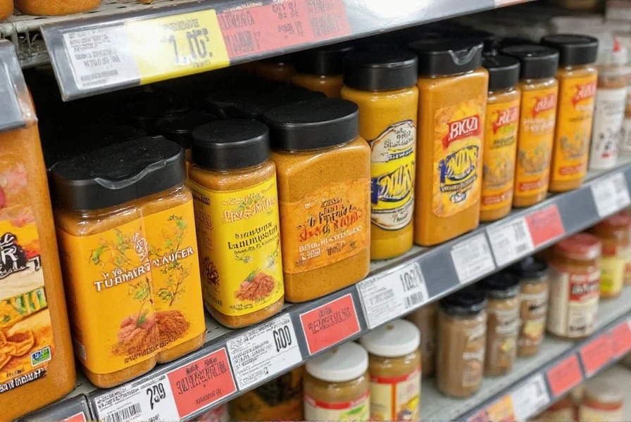 Walmart spice aisle showing turmeric powder containers next to other spices