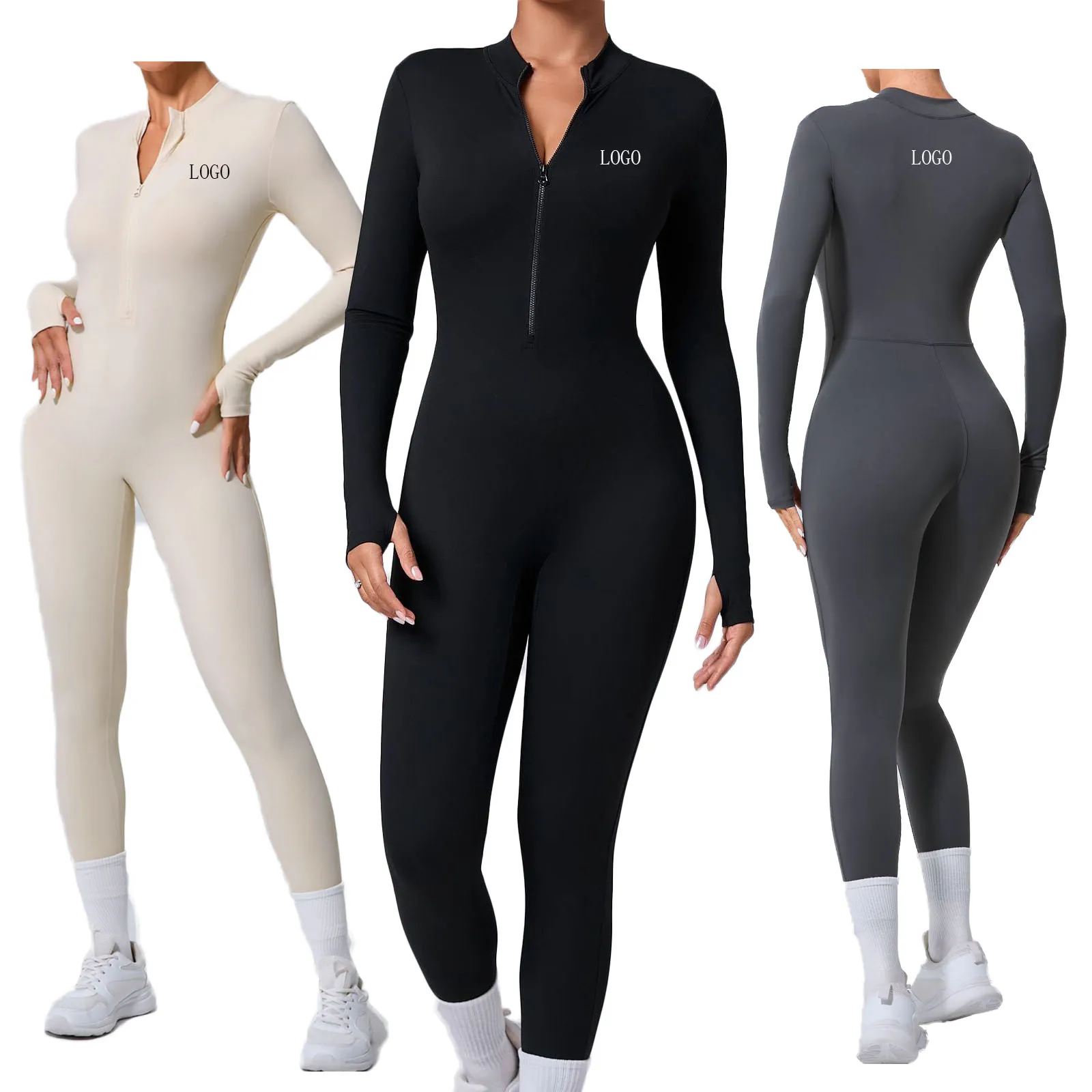 Antumn Winter Long Sleeve Yoga Bodysuit Front Zipper Breathable Yoga Jumpsuit for Women Long Leggings Butt Lifting Gym Outfit