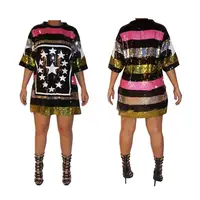 

DW910005 hot onsale pentagram stripe loose sequin t-shirt autumn Clothing Plus Size Women Apparel