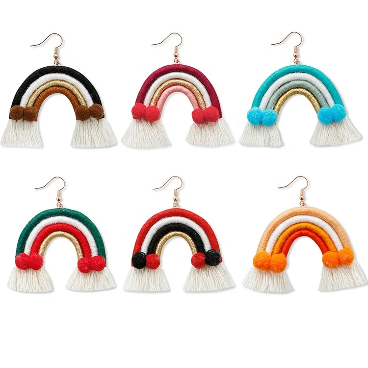 

Custom Christmas Pompom Ball Arched Tassel Rainbow Macrame Bohemian Earrings For Women, As picture or customized color