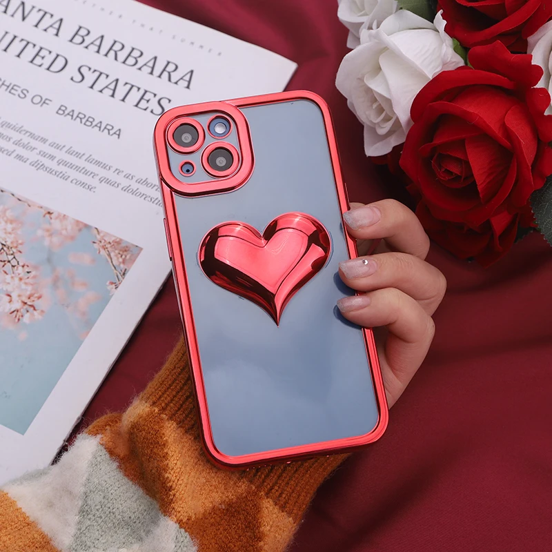 

New arrival luxury designer plating love 3D three-dimensional heart gradient phone case for iPhone 13 pro max 12 11 xr xs max, Transparent