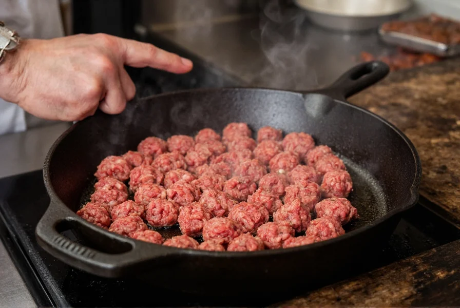 Professional chef carefully searing ground beef in cast iron skillet for chili base