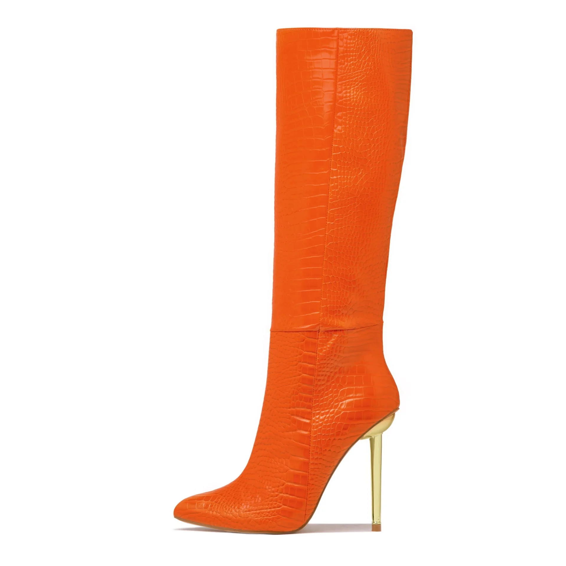 

Crocodile Print Metal Thin Heel Pointed Toe Half Knee High Women Boots Side Zip PU Upper Mid-calf Women Booties Large Size 43, Black,apricot,pink,orange