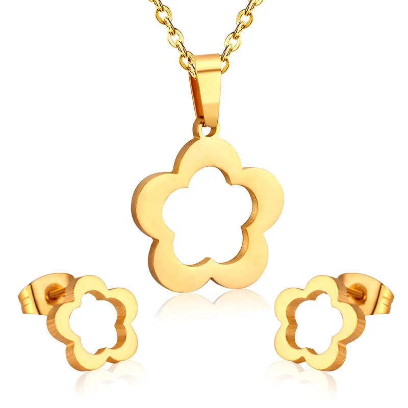 

Wholesale Fashion Trend Jewelry 316L Stainless Steel Vintage Plum Flower Pattern Necklaces And Earrings Jewelry Sets, Gold, silver