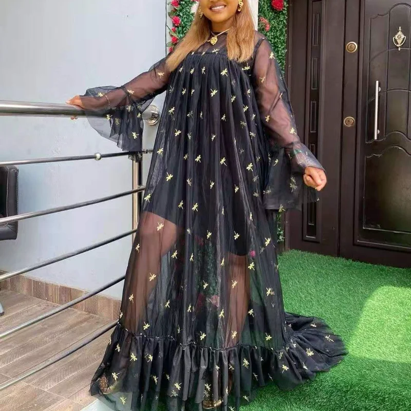 

Fall Fashion Long See Through Embroidered Oversized Lady Two piece Set