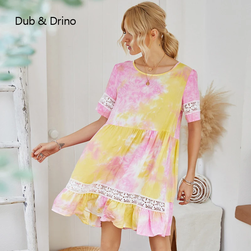 

Women 2021 Summer Holiday Ruffled Dress Casual Loose O- Neck Printing Beach Party Short Mini Sundress Frilled Large size