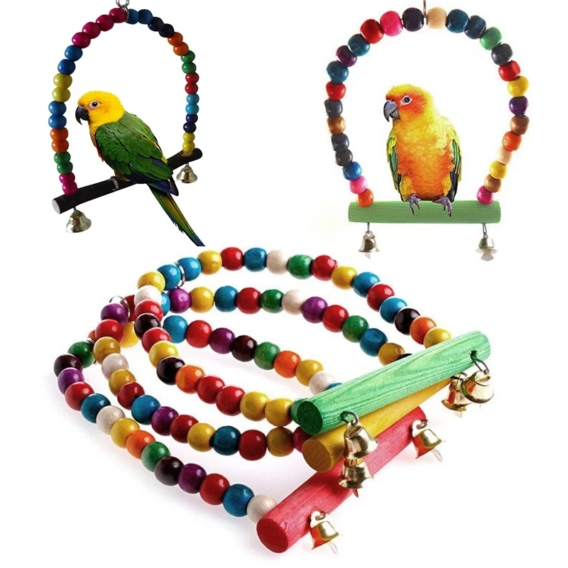 

1PC Wooden Parrots Swing Toy Birds Colorful Beads Bird Supplies Bells Toys Perch Hanging Swings Cage for Pets