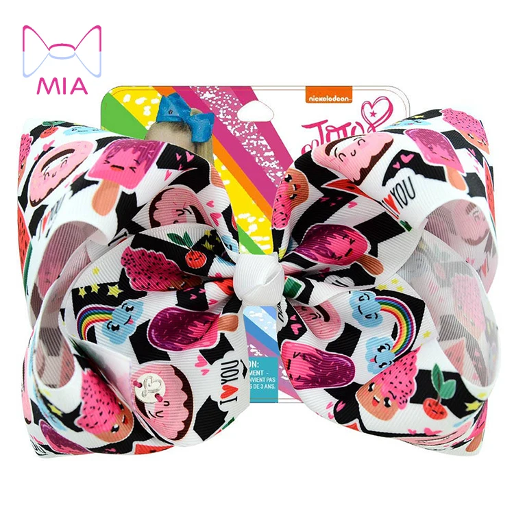 

Mia Free Shipping 8" Party jojo Bows Hair Clip For Girls Kids Handmade Rainbow Printed Ribbon Knot Jumbo Large Hair Bow, Picture shows