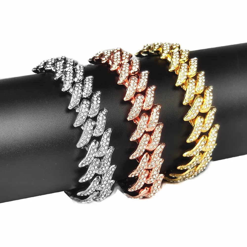 

2020 New Arrival Real Gold Plating Hip Hop Cuban Chain Bracelet for Men Rock Style Full Rhinestone Crystal Link Chain Bracelet