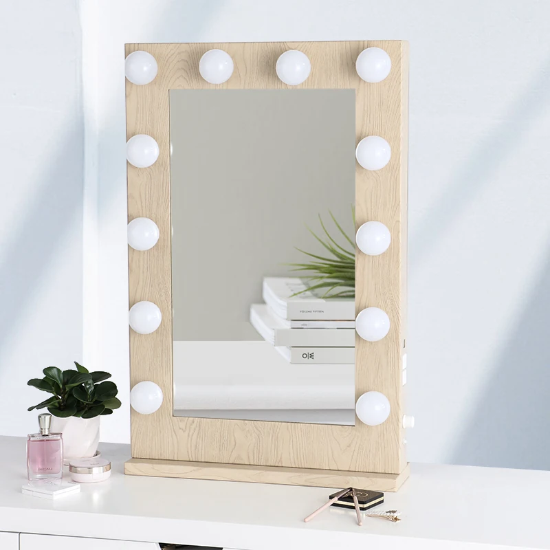 

Wholesales oversea Custom Design Original wood grain Hollywood Makeup Mirror with bulbs