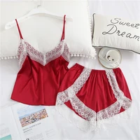 

Two-piece Womens Pajama Set New Sexy Sleeveless Sleepwear Set Solid Cute Satin Silk Lingerie White Lace V-Neck