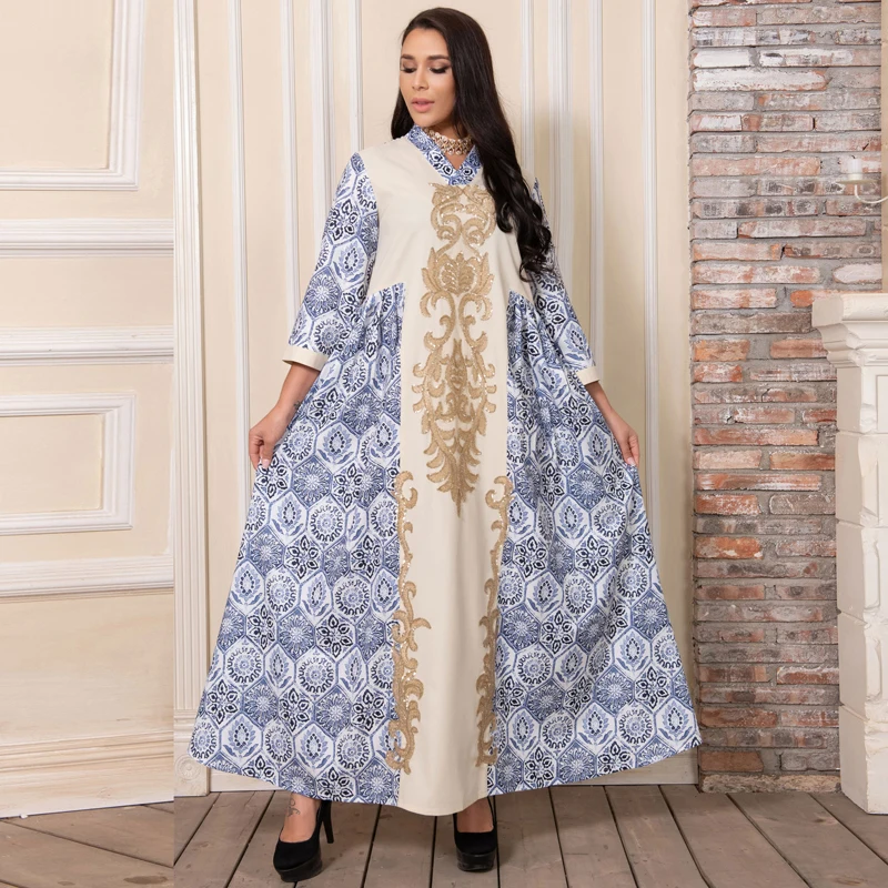 

2022 New Vintage Ethnic Sequins Embroidery Abaya Dress Women Middle East Arab Oman Moroccan Caftan Dubai Muslim Clothes