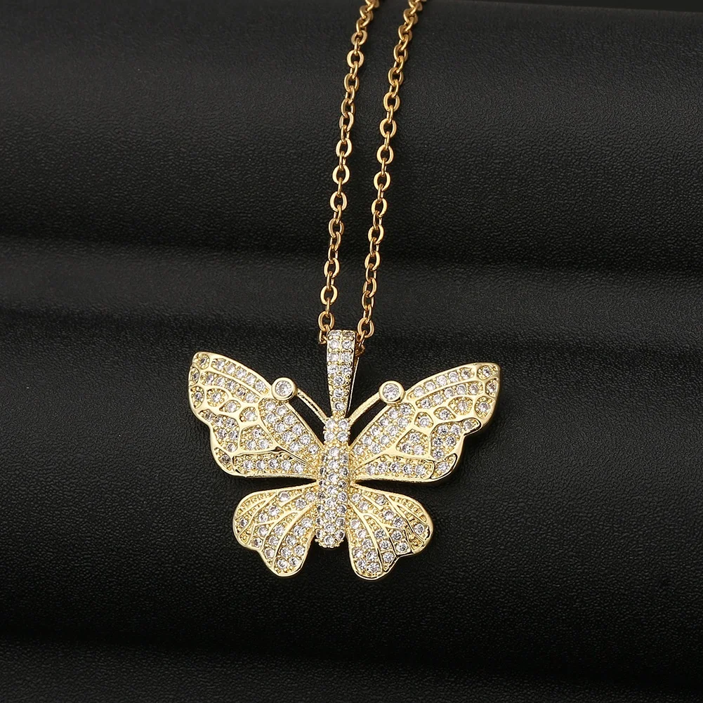 

2020 New Trend Women's 18k Yellow Gold Butterfly Pendant Full Rhinestone Clavicle Chain Necklace Wholesale Fashion Jewelry, Picture shows
