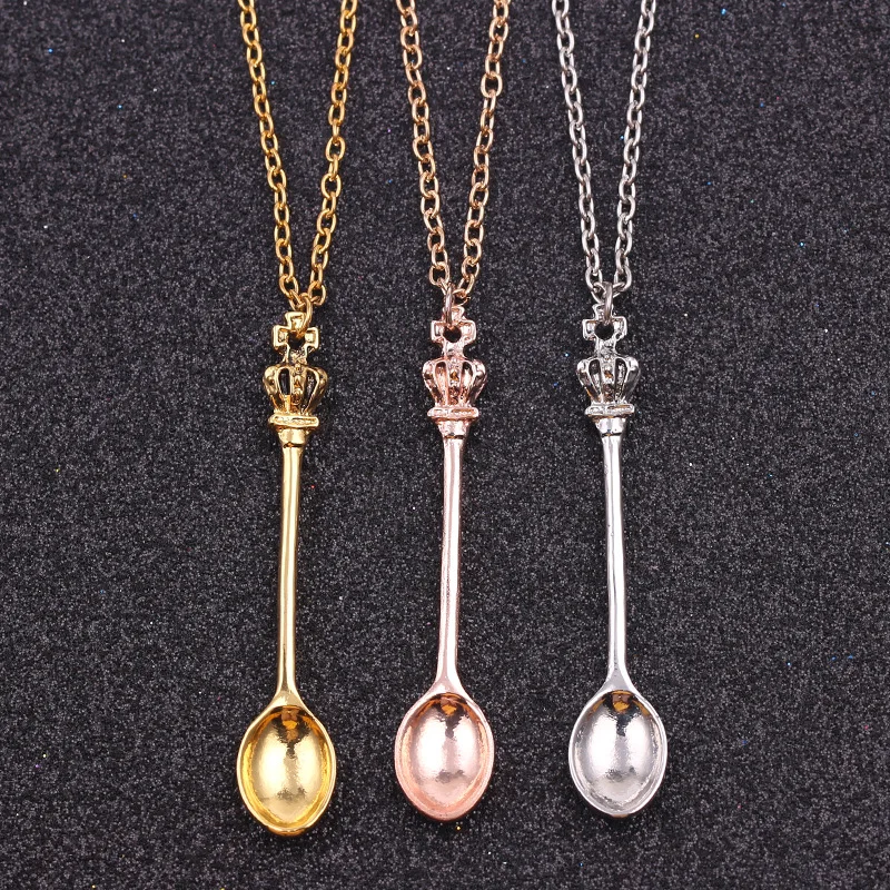 

Hot new jewelry and Chain and gold and silver crown mini teapot royal snuff necklace and crown spoon Pendant necklace