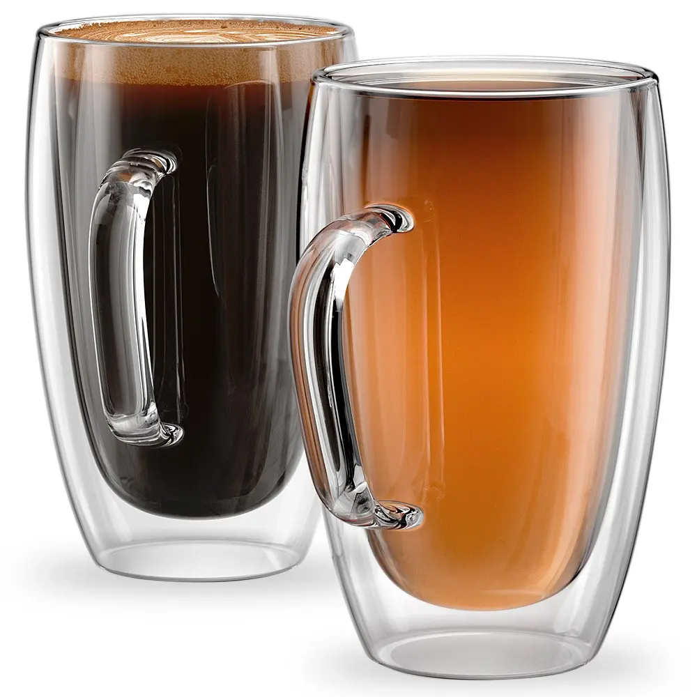 
Large Double Walled Glass Coffee Cups, 15 Ounce Sicilia Collection, Tall Insulated Mugs for Espresso, Latte, Cappuccino, Tea 