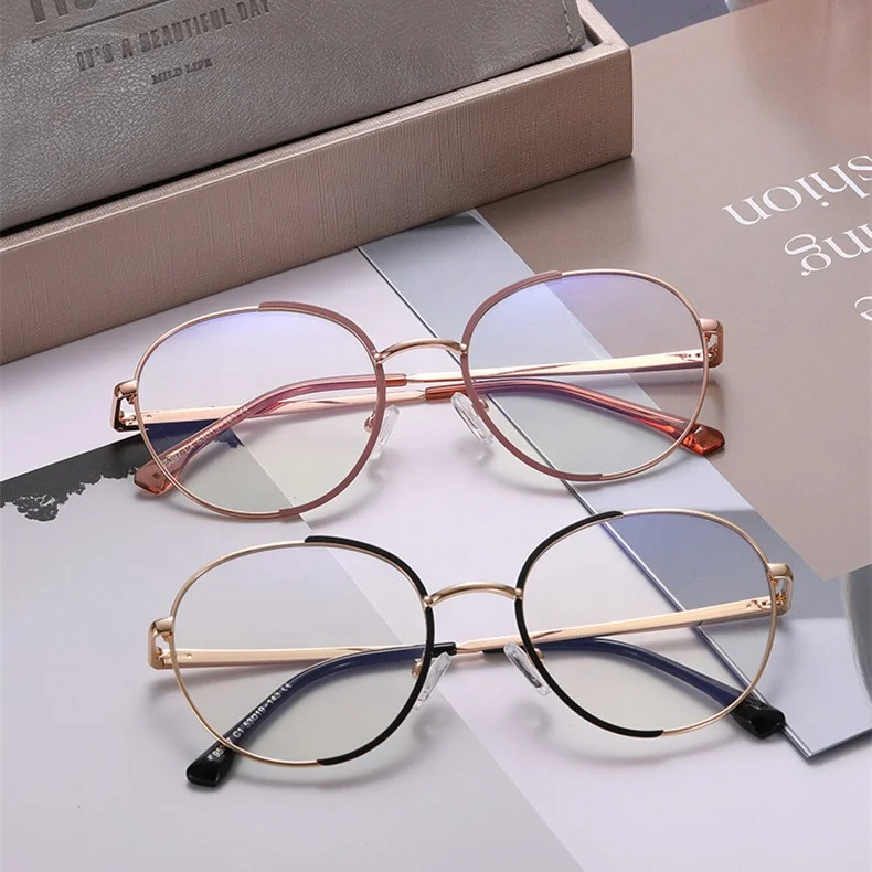 

Jiuling Eyewear high end resin nose pad two color metal frame glasses custom round anti blue light eyeglasses frames