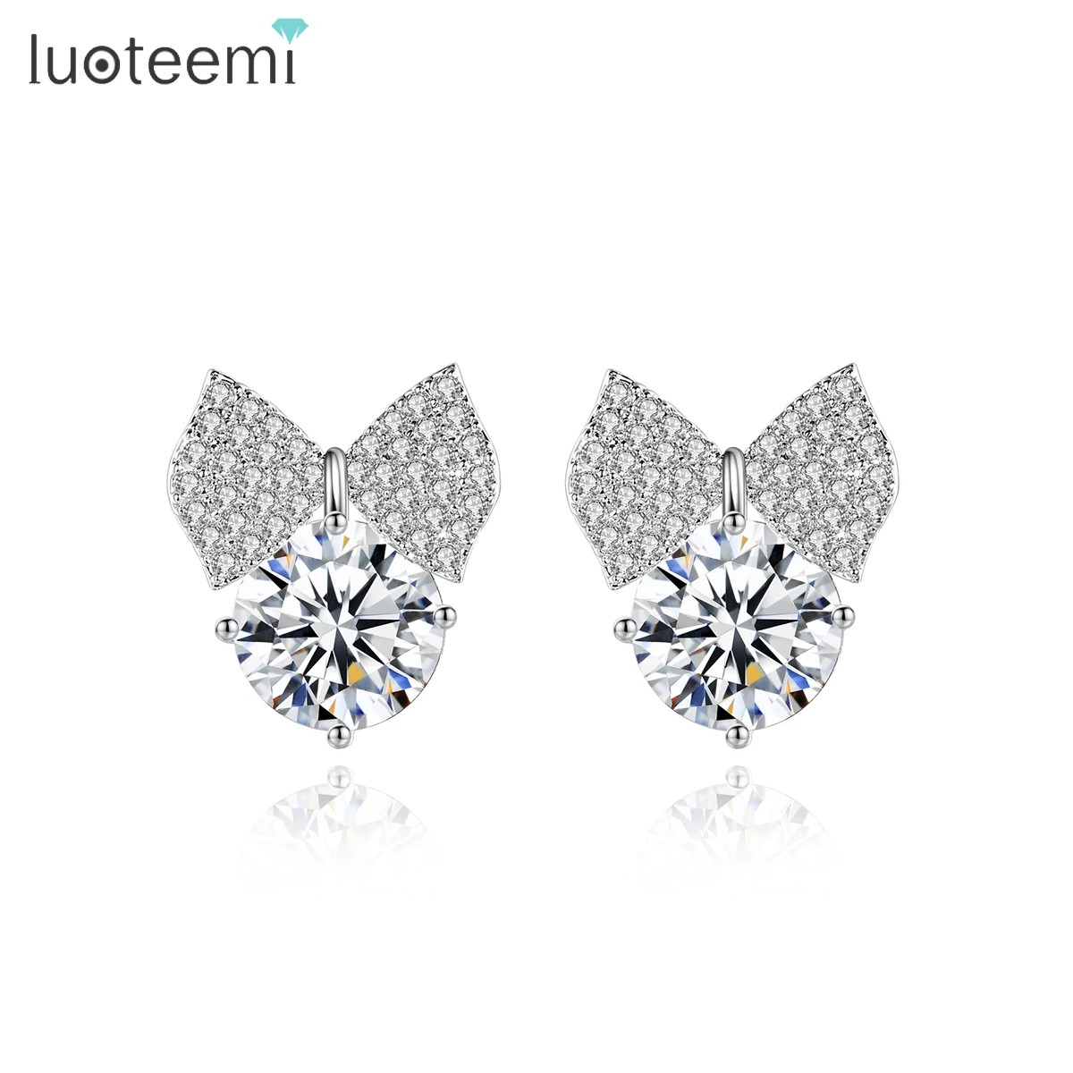 

LUOTEEMI Fashion New Style Bridal Wedding Party Pure Sparkling Clear Cubic Zircon Micro Paved White Gold BowKnot Stud Earring