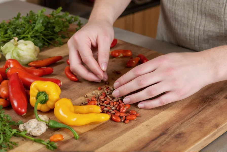 Nutritionist examining different types of peppers and seeds on wooden table