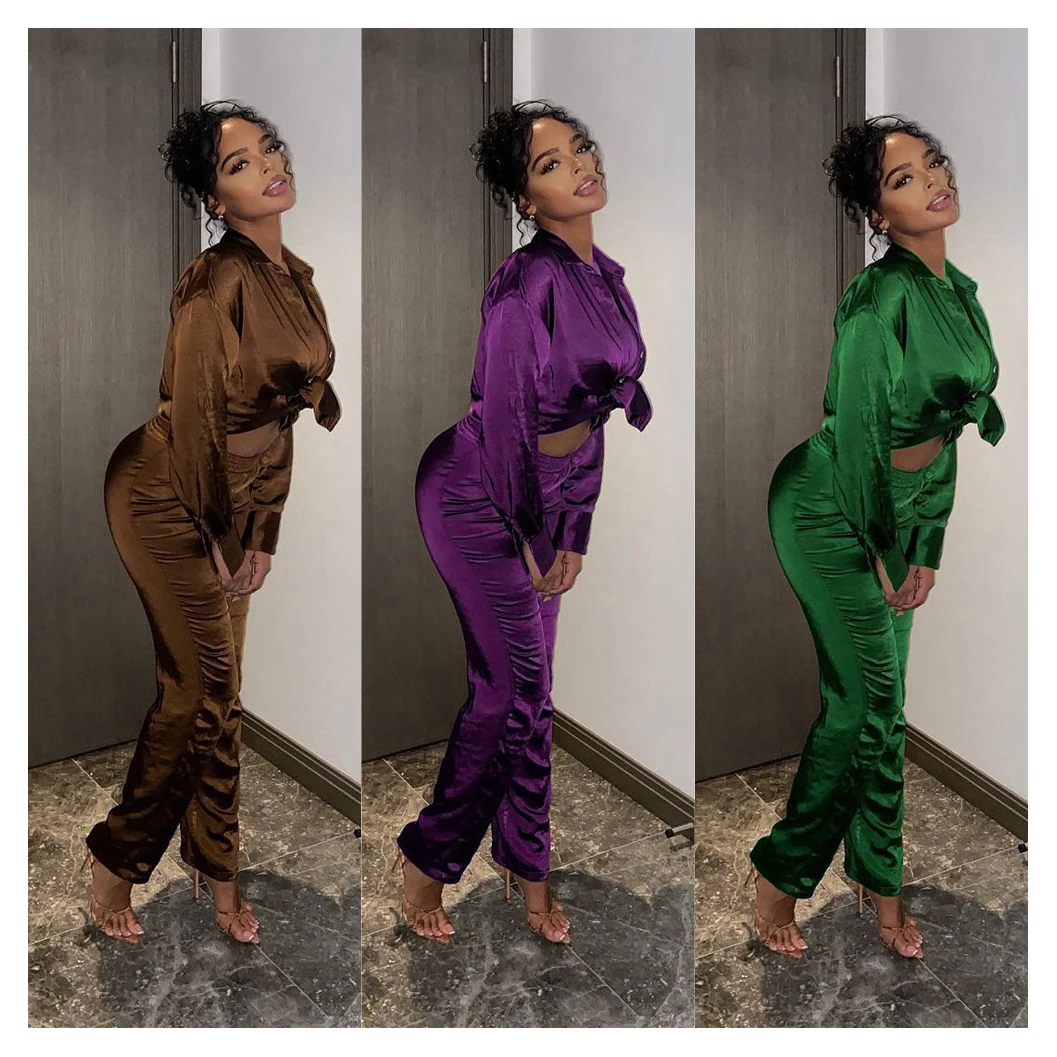 

M1110 High quality satin blouse two piece pants set elegant set outfit spring 2021 women clothes