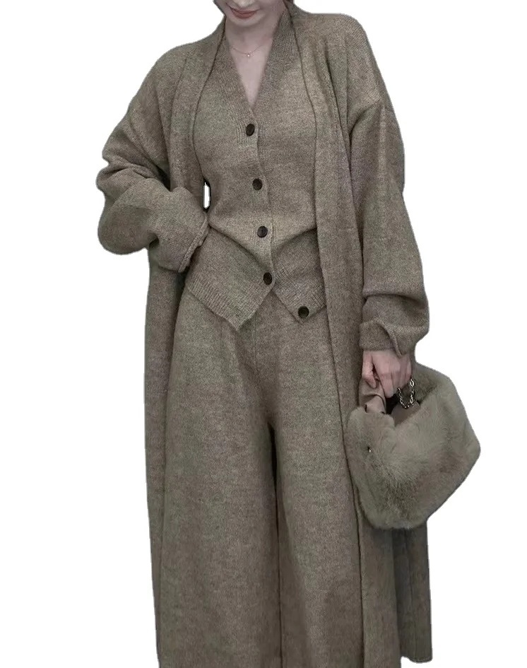 Wholesale 2026 Winter New Women's Casual Fashion Long Sleeved Knitted Cardigan Vest High Waist Pants Women's Set