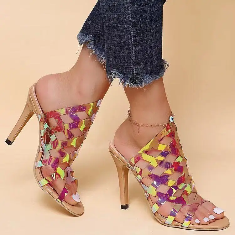 

2021 new womens casual shoes color sequins pointed toe large size stiletto high heel slippers