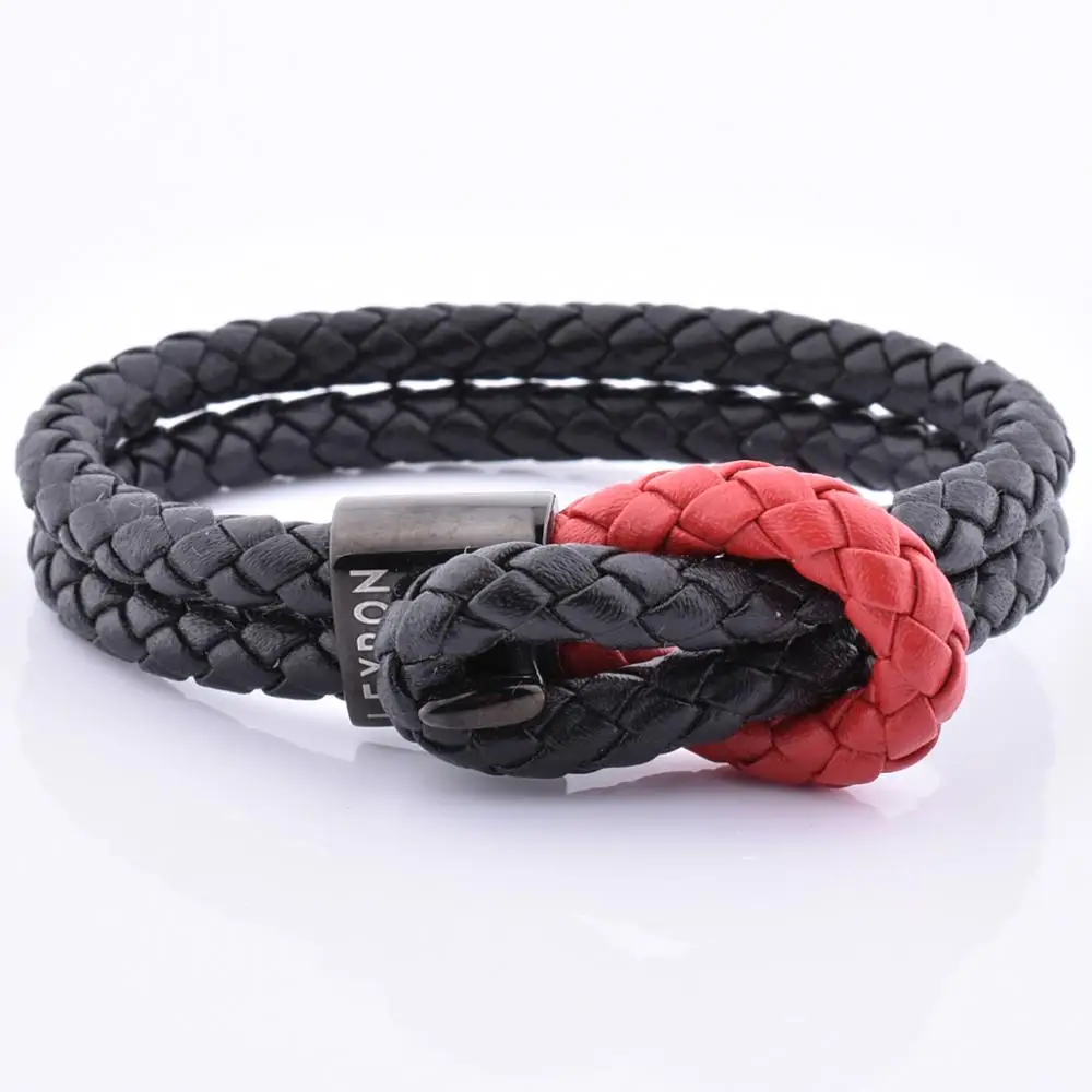 

New Design Hot Selling Cheap Custom Laser Logo Cool Wrap Black Leather Bracelet With 316L Stainless Steel Lock