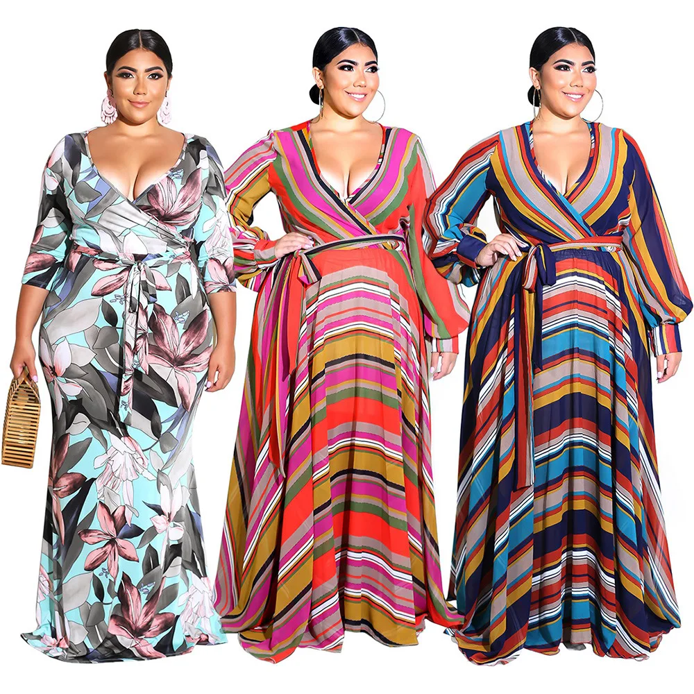 

Latest Dress Designs Casual Fashion Sexy Bohemian Style V-neck Puls Size Women Dress Long Dress 3 Color  Loose Simple