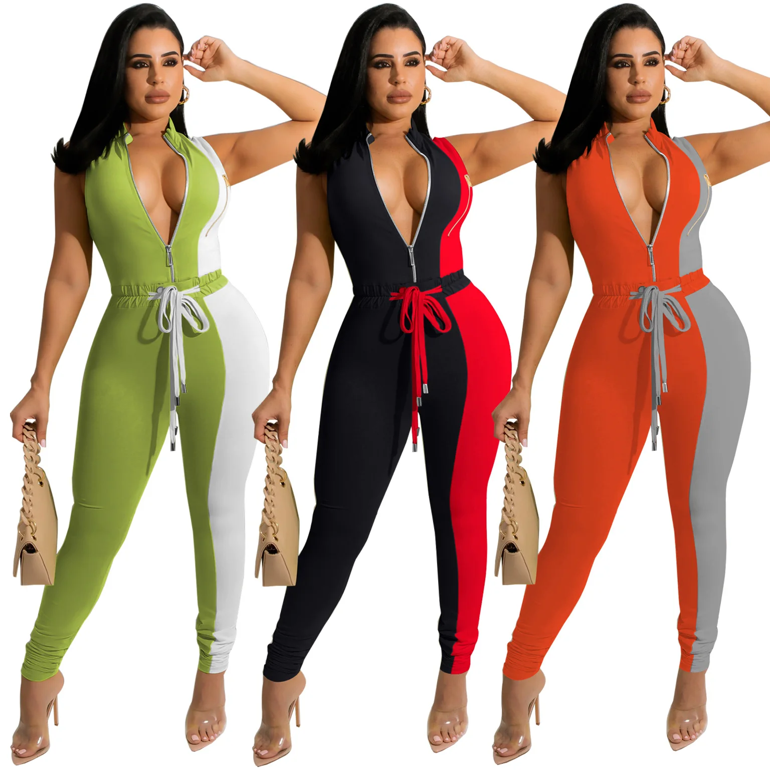

Fast Shipping M04533 - fashion color blocking zipper sleeveless women jumpsuit
