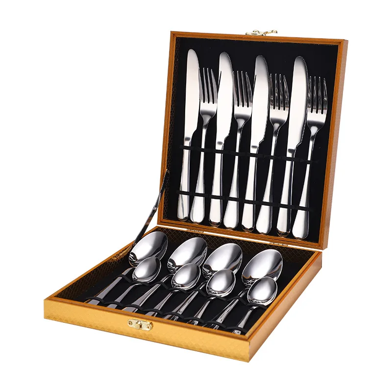 

Hot Selling Stainless Steel 1010 4pcs Spoons Fork Knife Silverware Gold Silver Cutlery Set 16PCS Wooden Box, Gold, silver, black, rose gold