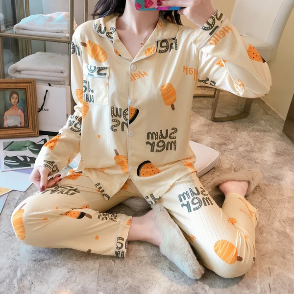 
Polyester pajamas long-sleeved printed milk silk ladies large size pajamas wholesale pajama women 