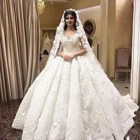 

Luxury 3D Lace Flowers Ball Gown Wedding Dresses Vintage Princess Saudi Arabic Dubai Plus Size Bridal Gowns