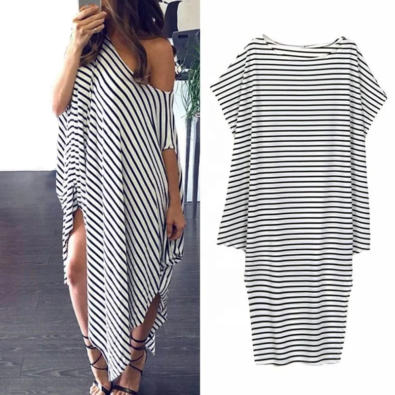 

European and American fashion striped shoulder sexy short-sleeved loose plus size irregular dress, Pink