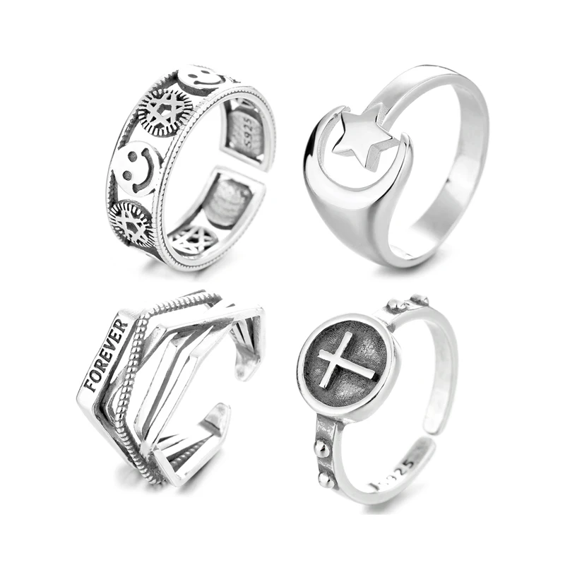 

Dropshipping Qings INS Style 925 Silver Open Smiley Star Moon Cross Geometric Ring, Customized color