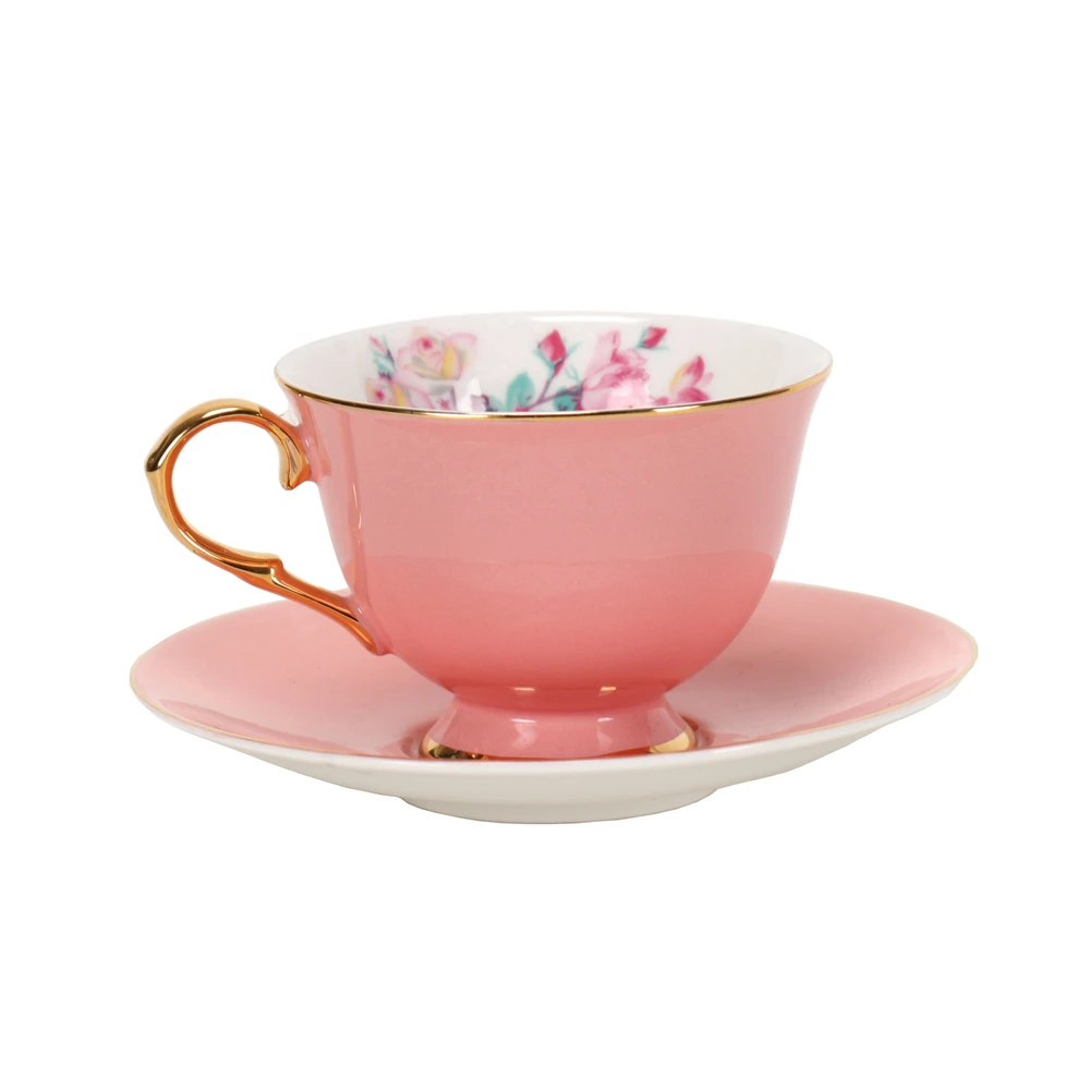 

2020 High Quality New Set of 6 Wholesale Bulk Coffee Cup Gold Rim Color Glazed Ceramic Tea Cups and Saucers, Pink,blue,green,red,purple,yellow,etc/customized