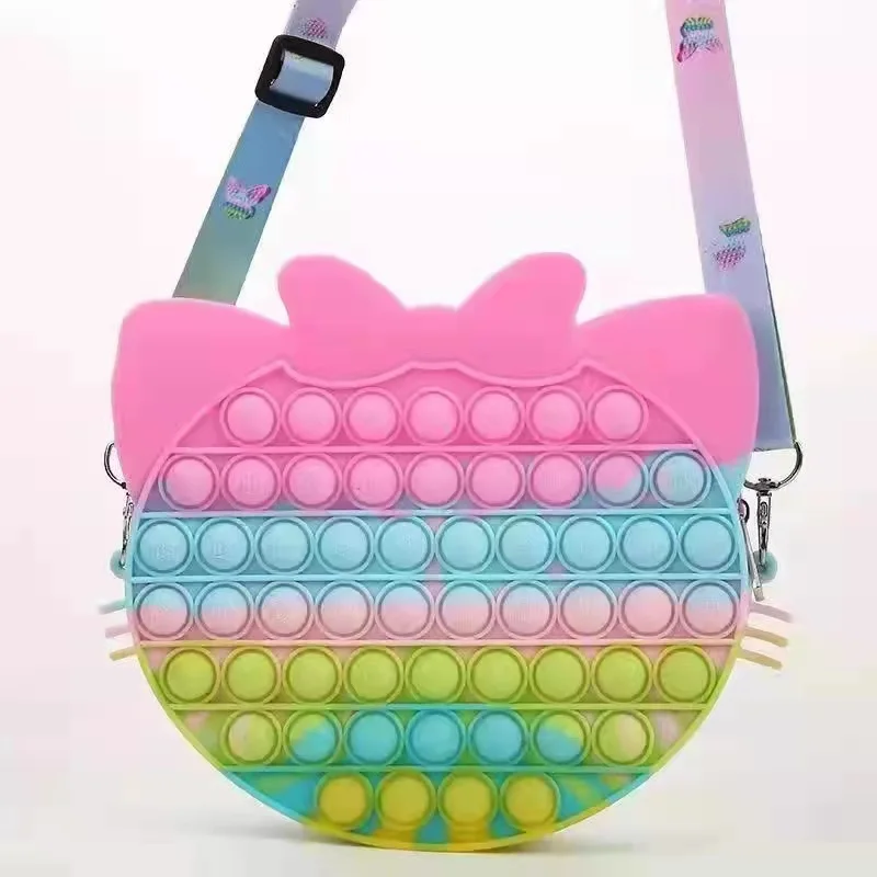 

kids 2021 pop it purses cute chain silicone kitty cat shape pop it purse handbags large cat pop it crossbody purse silicone bags, Rainbow