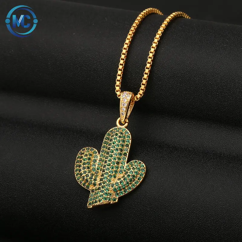 

2021 Ice out Solid Green plants Cactus Hip Hop Rap rock pendant men jewelry