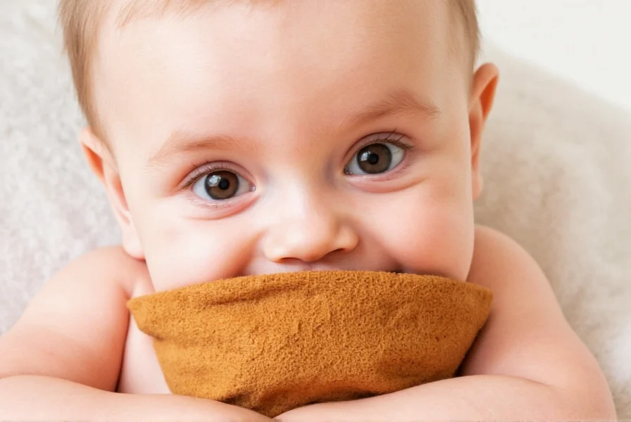 Infant safely eating cinnamon-dusted apple puree from a spoon