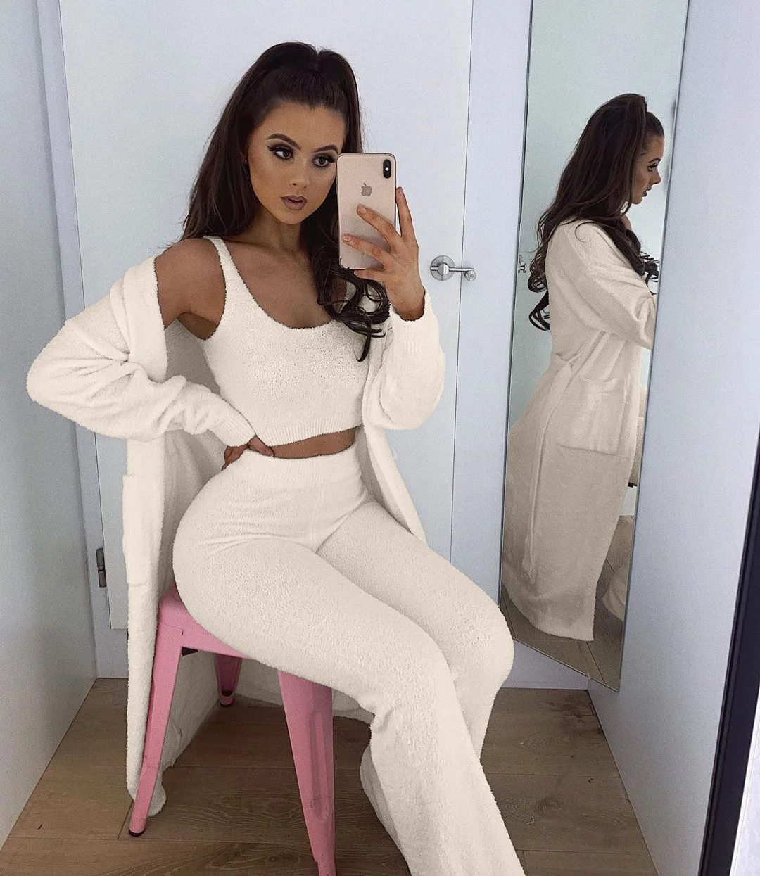 

2021 new sutumn casual solid cotton two piece short set women 3 piece outfit lounge wear, White ,khaki