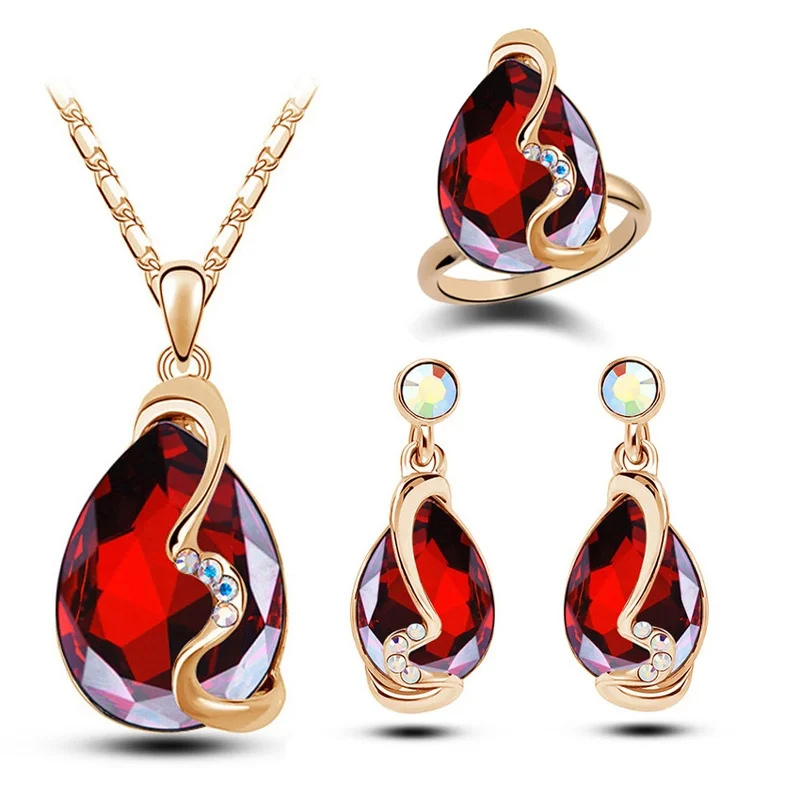 

Fashion Gold Plated Austrian Crystal Set Earrings+pendant Necklace Rings Jewelry Sets