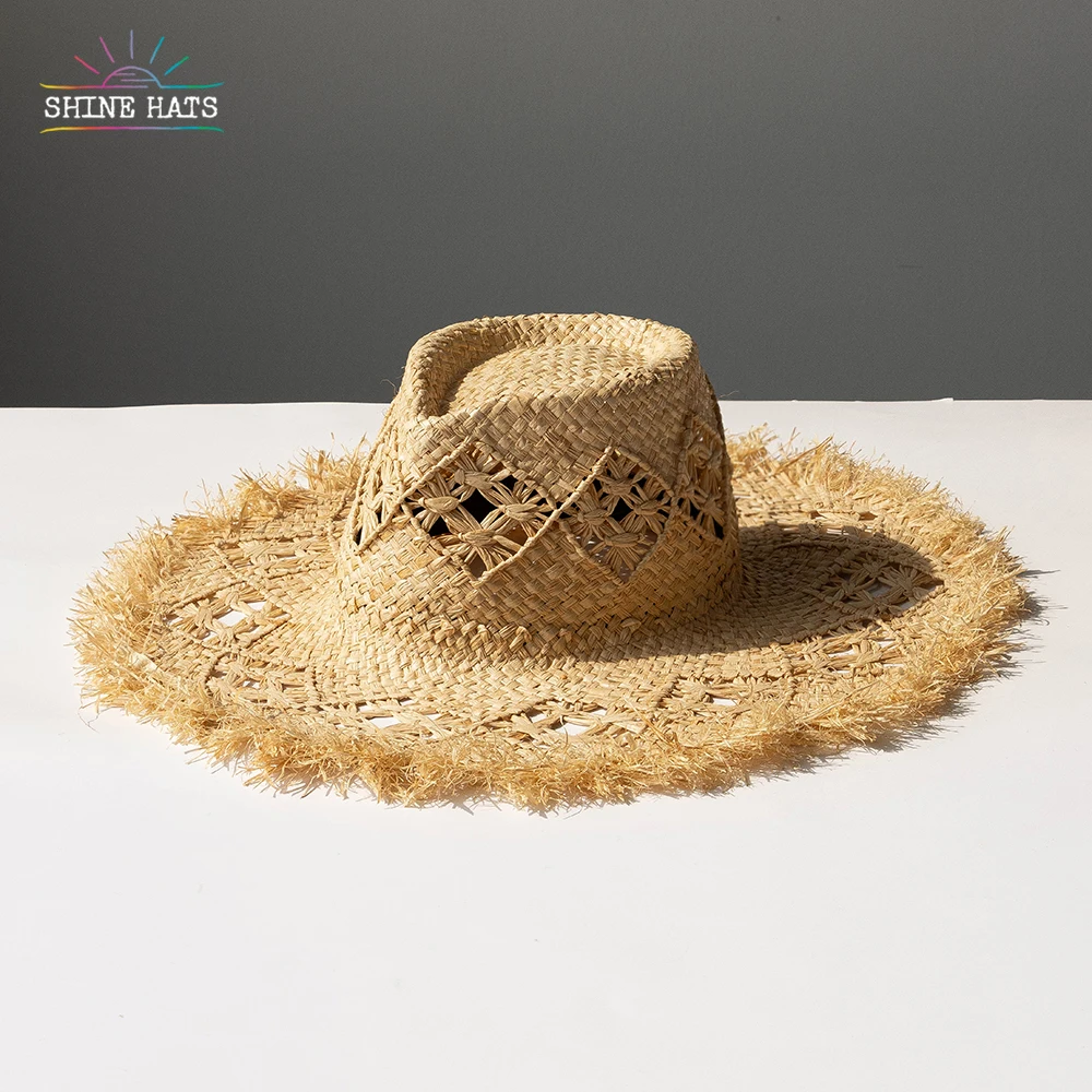 

Shinehats woven hollow crochet raffia wide brim straw hat sun summer beach sombrero raffia hat for women ladies