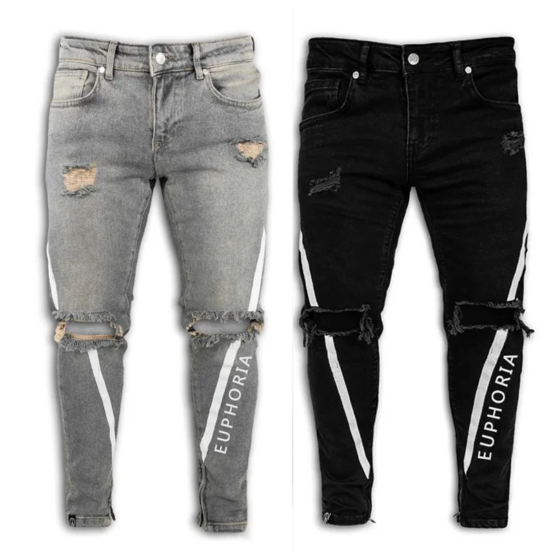 

New style hot sale men's jeans foreign trade printing ripped men's trousers slim fit mens jeans