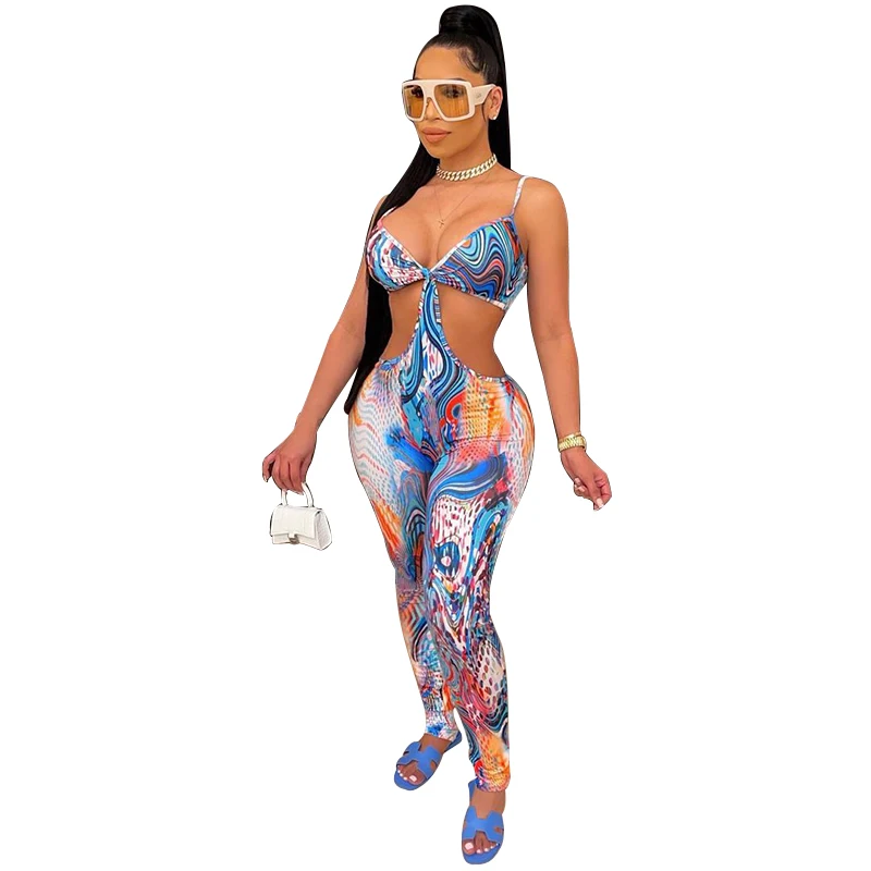 

2021 Summer Aesthetic Print Skinny Sleeveless Romper Party Clubwear Halter Backless Sexy Co-ord Jumpsuits