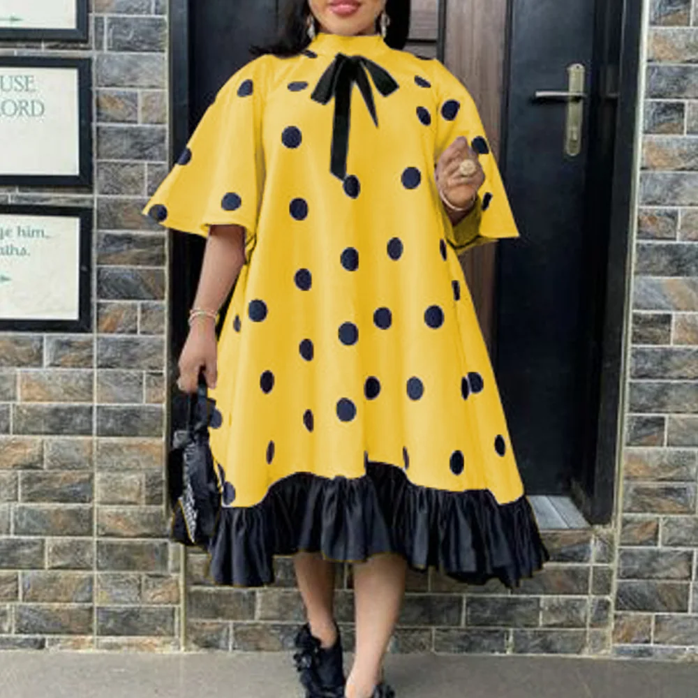 

Yellow polka dot patchwork knee length african clothing dress elegant casual loose plus size 2021 summer african boubou dress, Blue or custom african clothing women