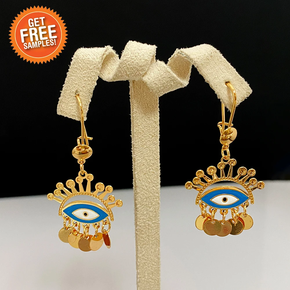 

New 2021 Amazon Trendy gold filled Eye earrings nice blue Epoxy drop earrings dangling earrings for women, Champagne gold color