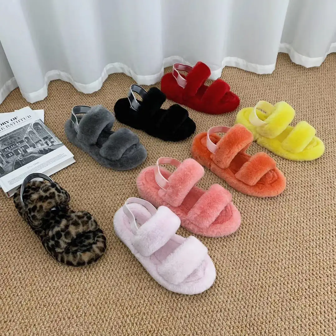 

High quality colorful uggging fur slippers womens sandles in stock Fluff oh Yeah Slide Slipper, Multiple